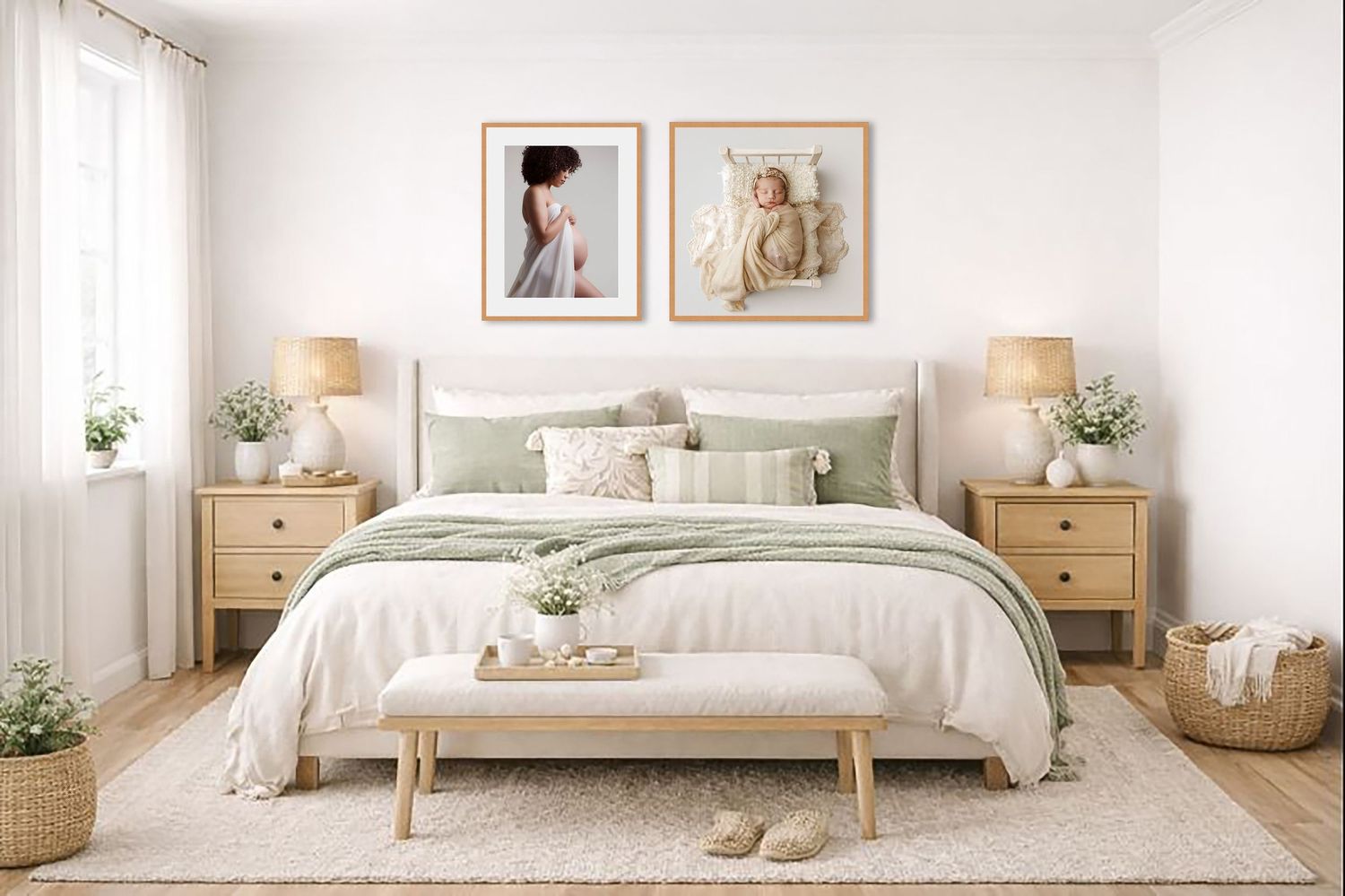 Bright and airy bedroom with neutral decor, wooden nightstands, table lamps, framed artwork, and woven baskets.