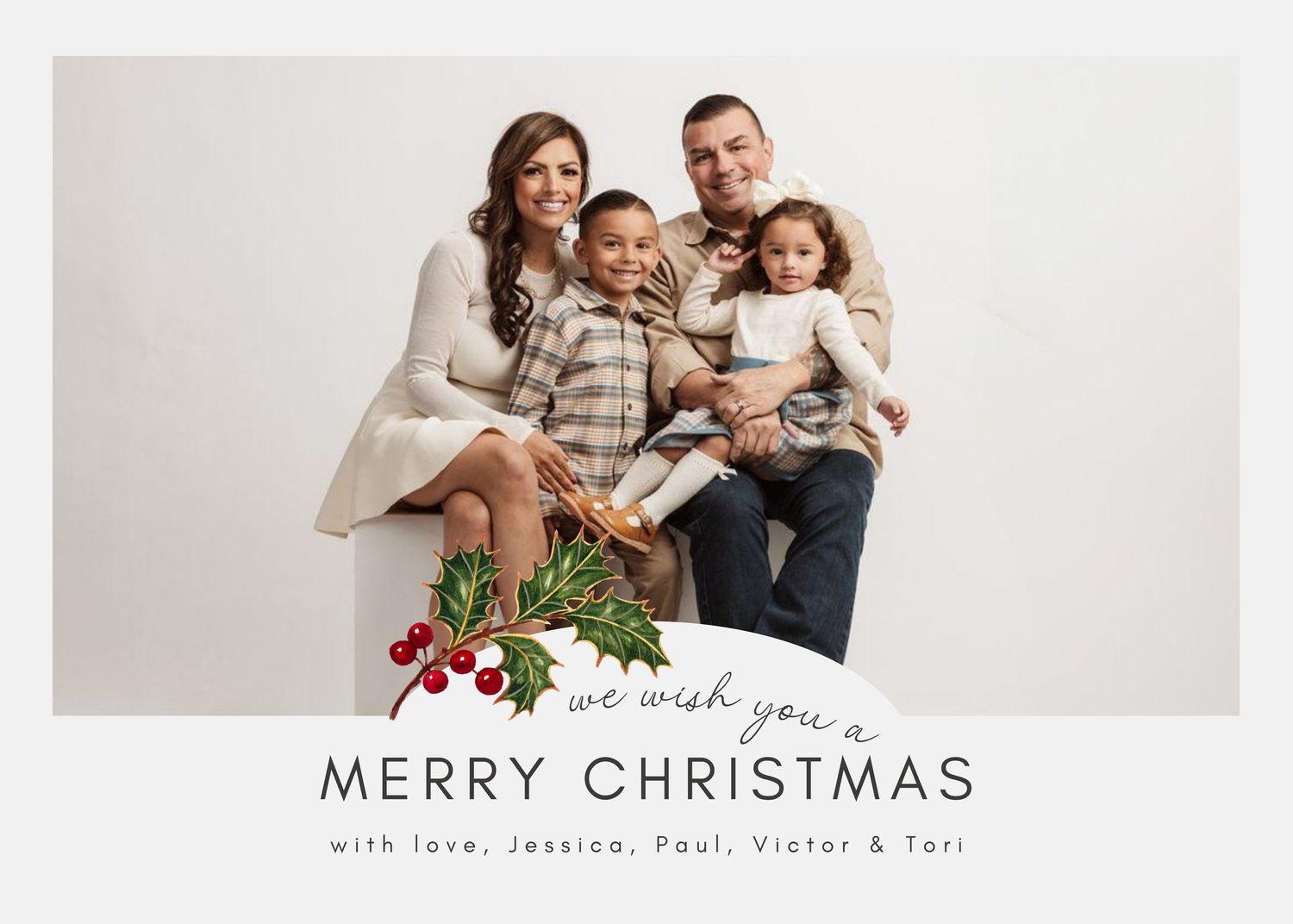 A collection of five holiday photo cards featuring cozy family portraits and festive Christmas greetings.