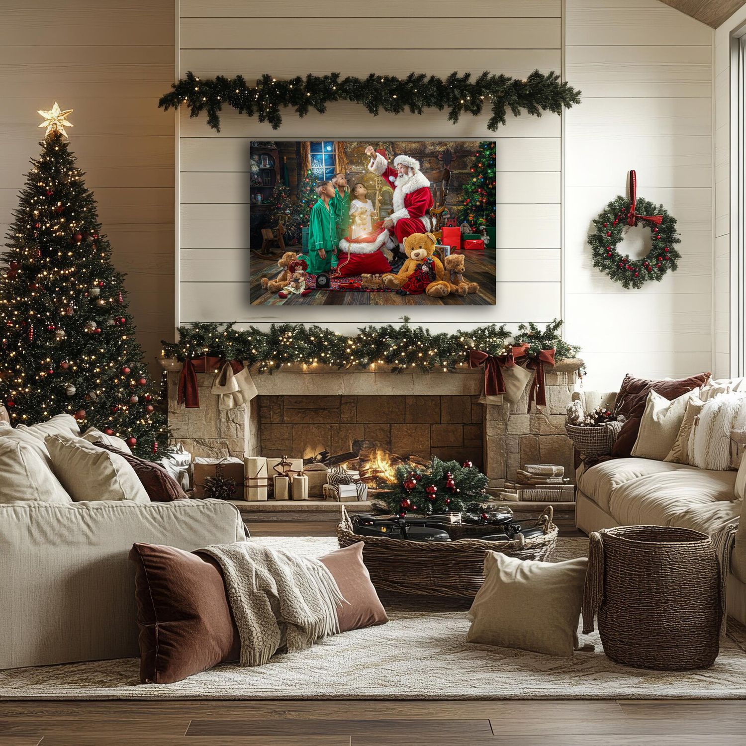 Cozy living room decorated with garland, pillows, Christmas trees and holiday decor in warm neutral tones.