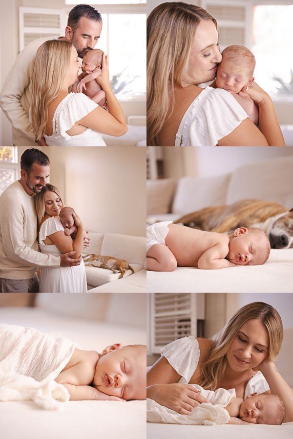 Newborn family photo collage showing parents cuddling their sleeping baby in a bright, cozy home with soft neutral tones.