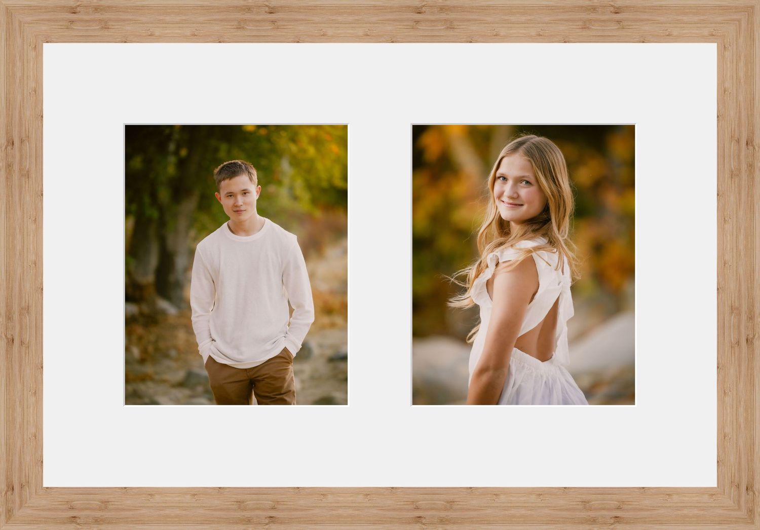 A framed diptych portrait of a young man in a cream sweater and a smiling blonde woman in a white dress outdoors.
