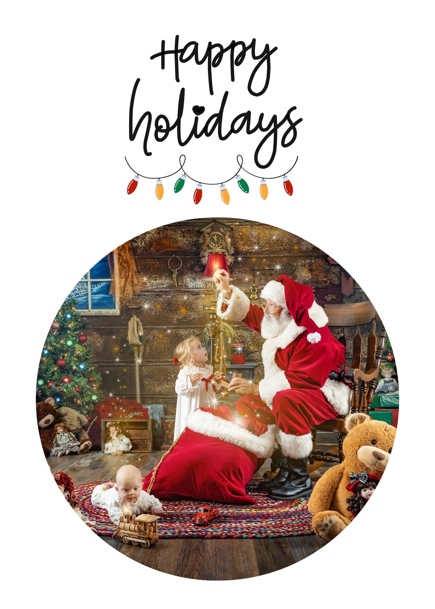 Holiday scene with teddy bears and Christmas decorations arranged in progressively smaller circular frames.