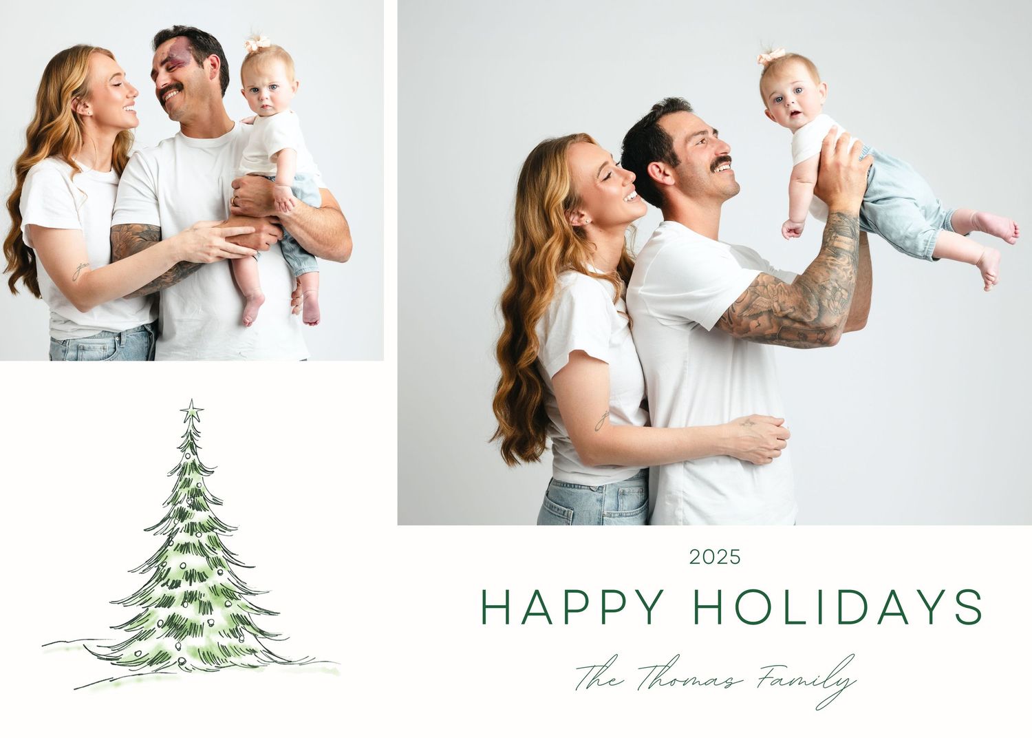 A series of holiday family photos arranged in a horizontal collage with a decorative Christmas tree illustration.