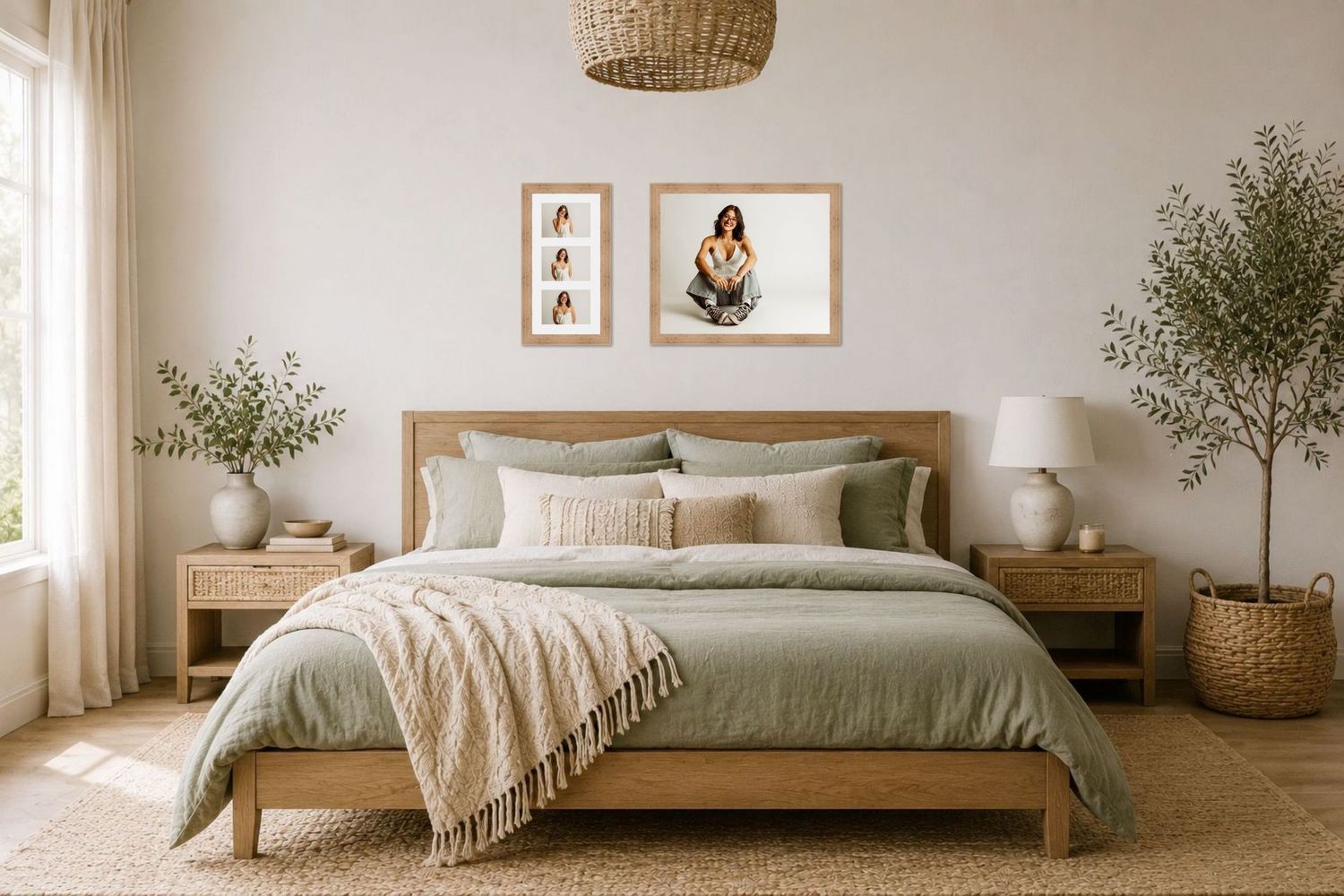 Serene boho bedroom with sage green bedding, wooden bed frame, wicker pendant light, and framed artwork above the headboard.