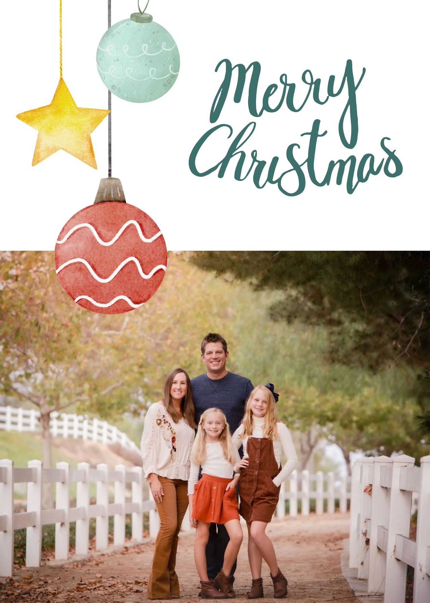 Holiday greeting card with illustrated Christmas ornaments and text 'Merry Christmas' above outdoor family photo by white fence.