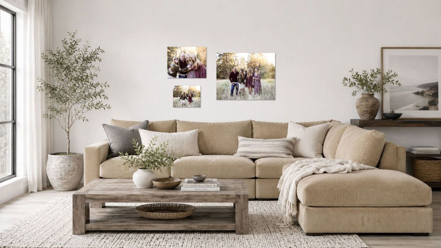 Bright living room with beige sectional sofa, wooden coffee table, and family photos displayed on white wall.