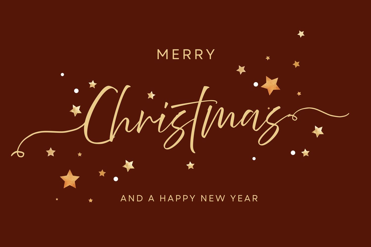 Elegant gold calligraphy text saying Merry Christmas with stars on a rich brown background.