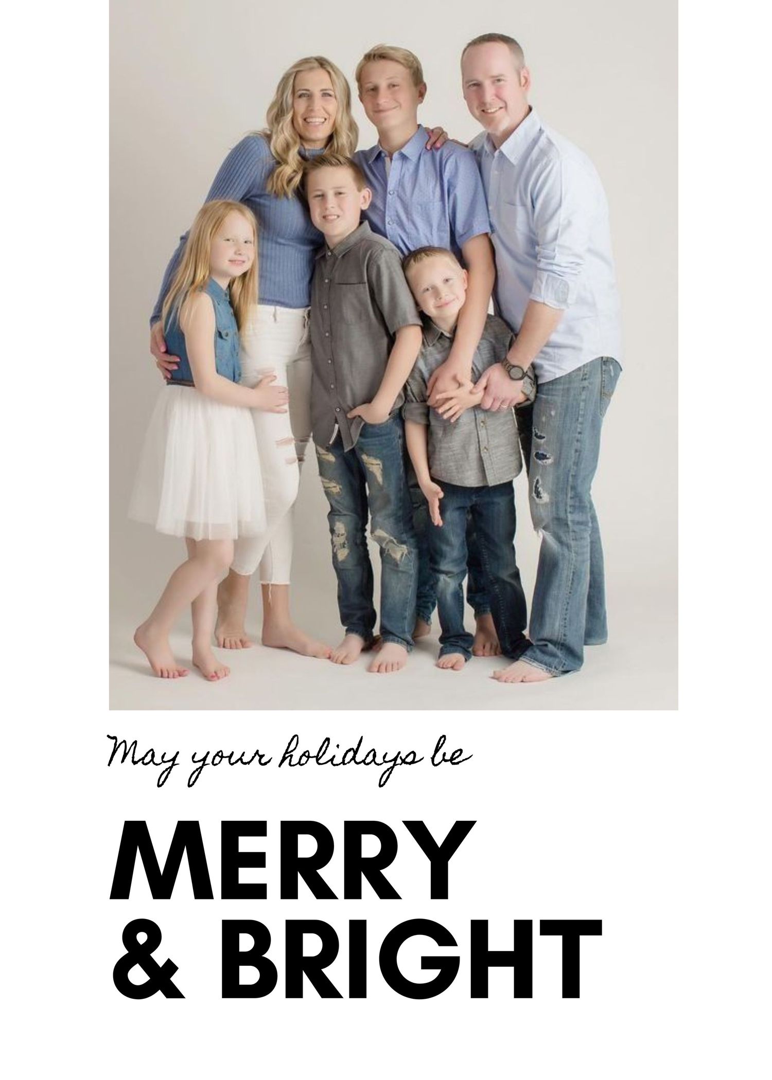Modern holiday card design showing a family photoshoot sequence with white background and 'Merry & Bright' text overlay.
