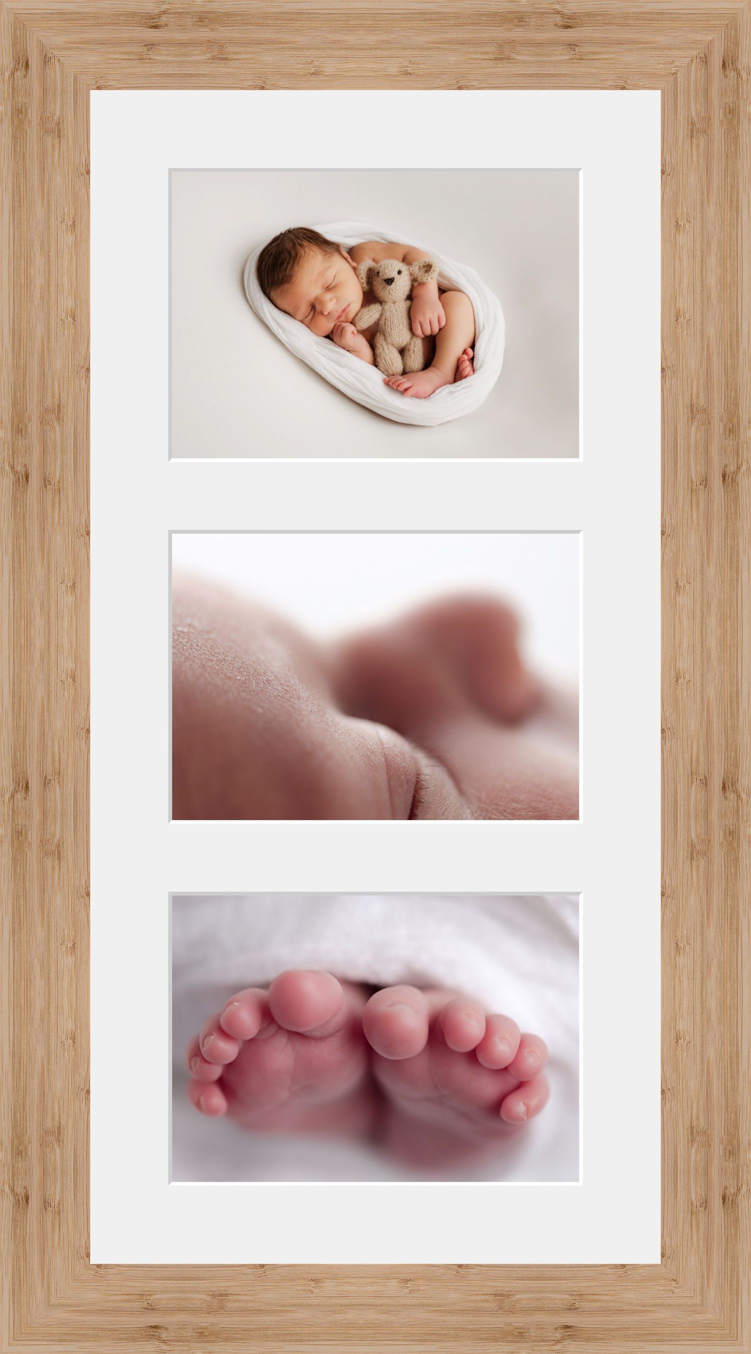 Wooden framed newborn photo collage featuring a sleeping baby with teddy bear, soft focus feet, and tiny pink toes.