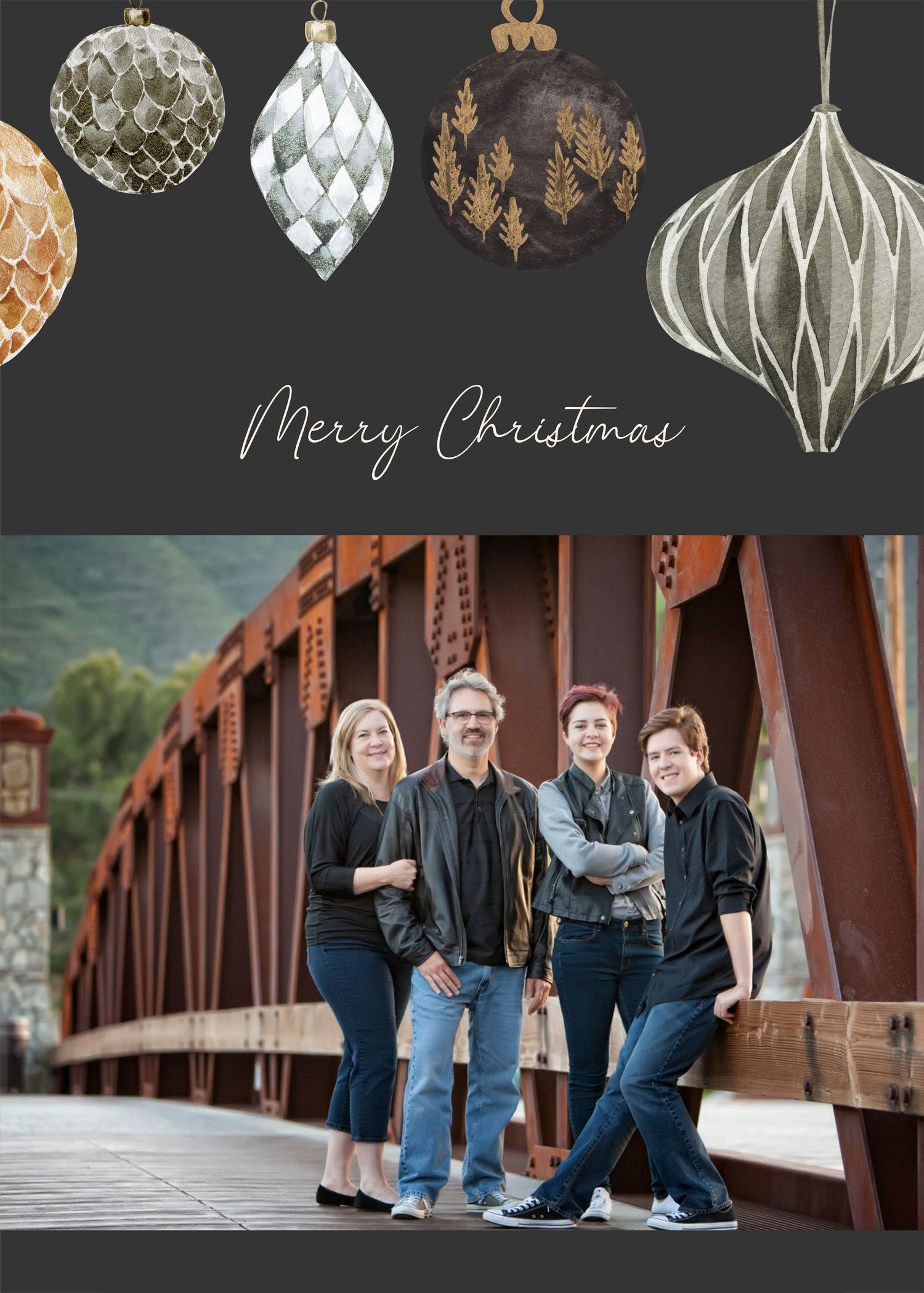Decorative holiday ornaments and baubles arranged in a festive collage with text reading Merry Christmas.