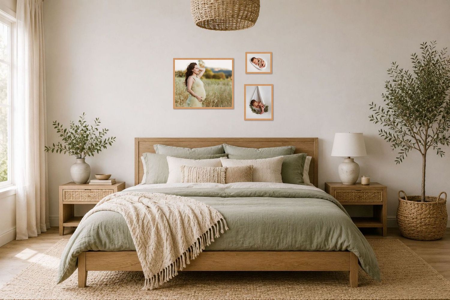 Serene boho bedroom with sage green bedding, wooden bed frame, wicker pendant light, and framed wall art above the headboard.