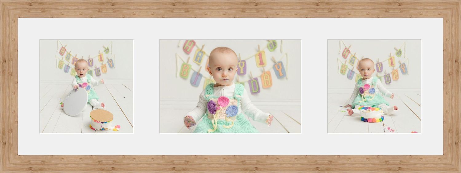 A framed triptych of a baby in a colorful outfit at a milestone photo session with festive decorations.