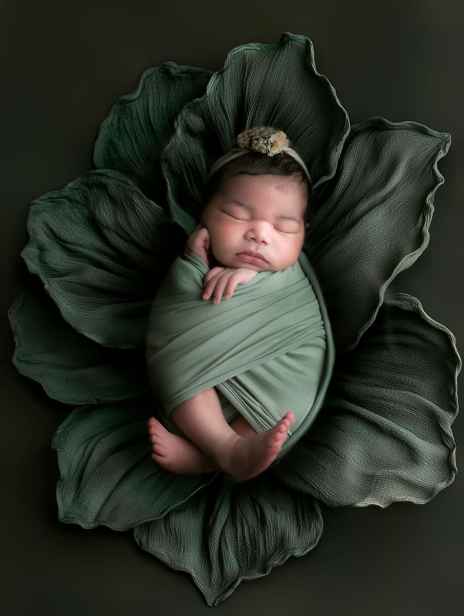 Newborn wrapped in green fabric lies peacefully on large green leaf-shaped backdrop in artistic portrait.