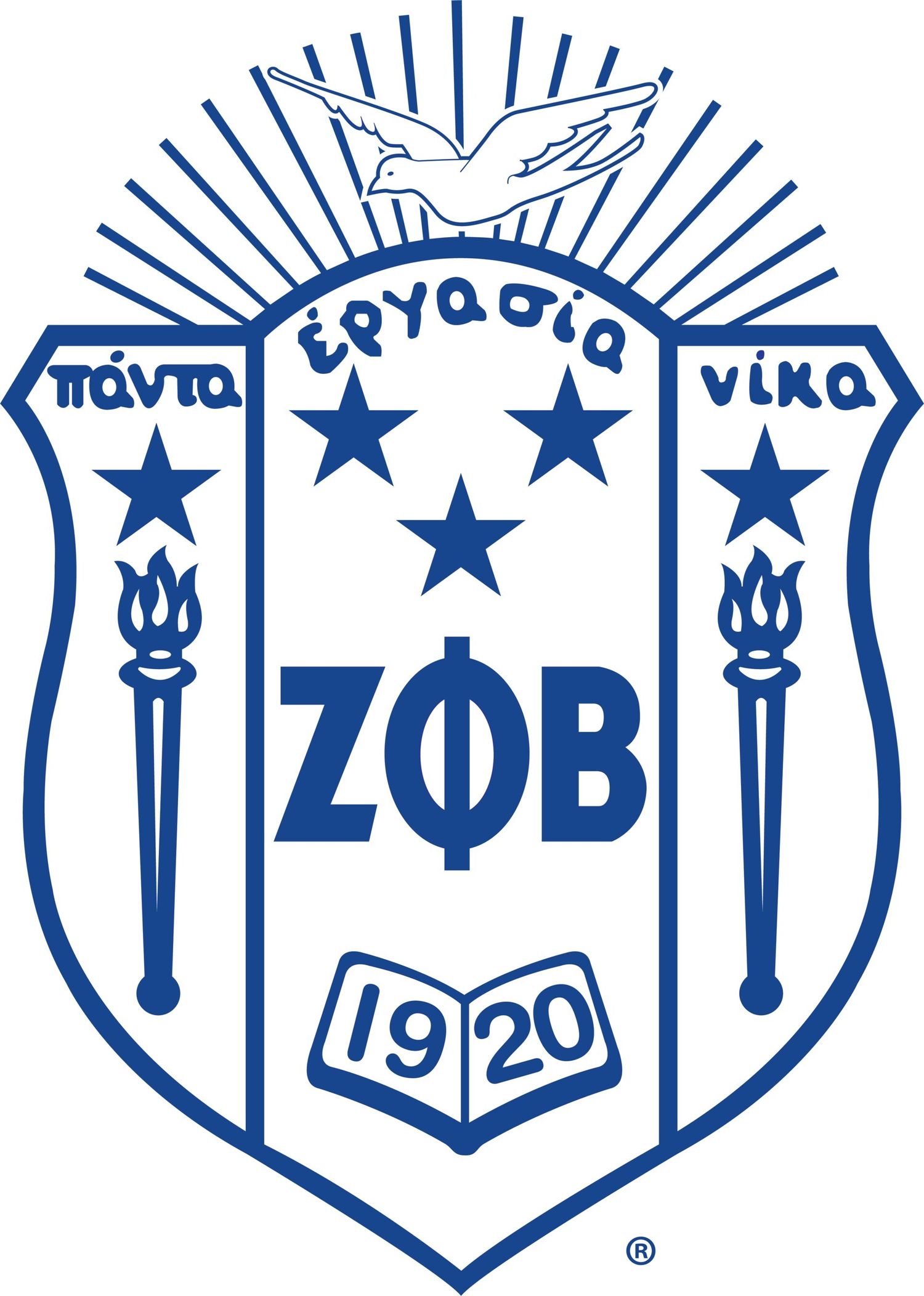 Blue and white Zeta Phi Beta sorority crest featuring stars, torches and Greek letters established in 1920.