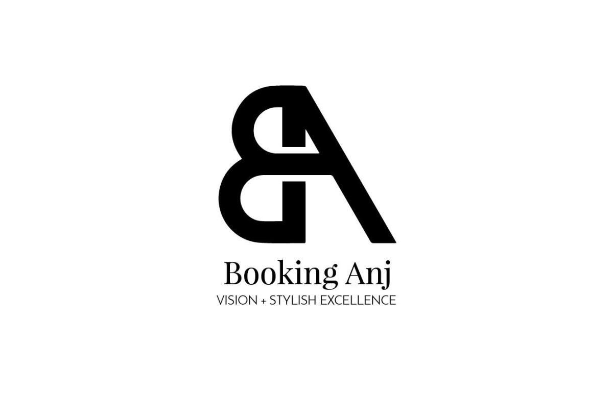 Black and white logo design for Booking Ani featuring stylized BA monogram with tagline Vision Style Excellence.
