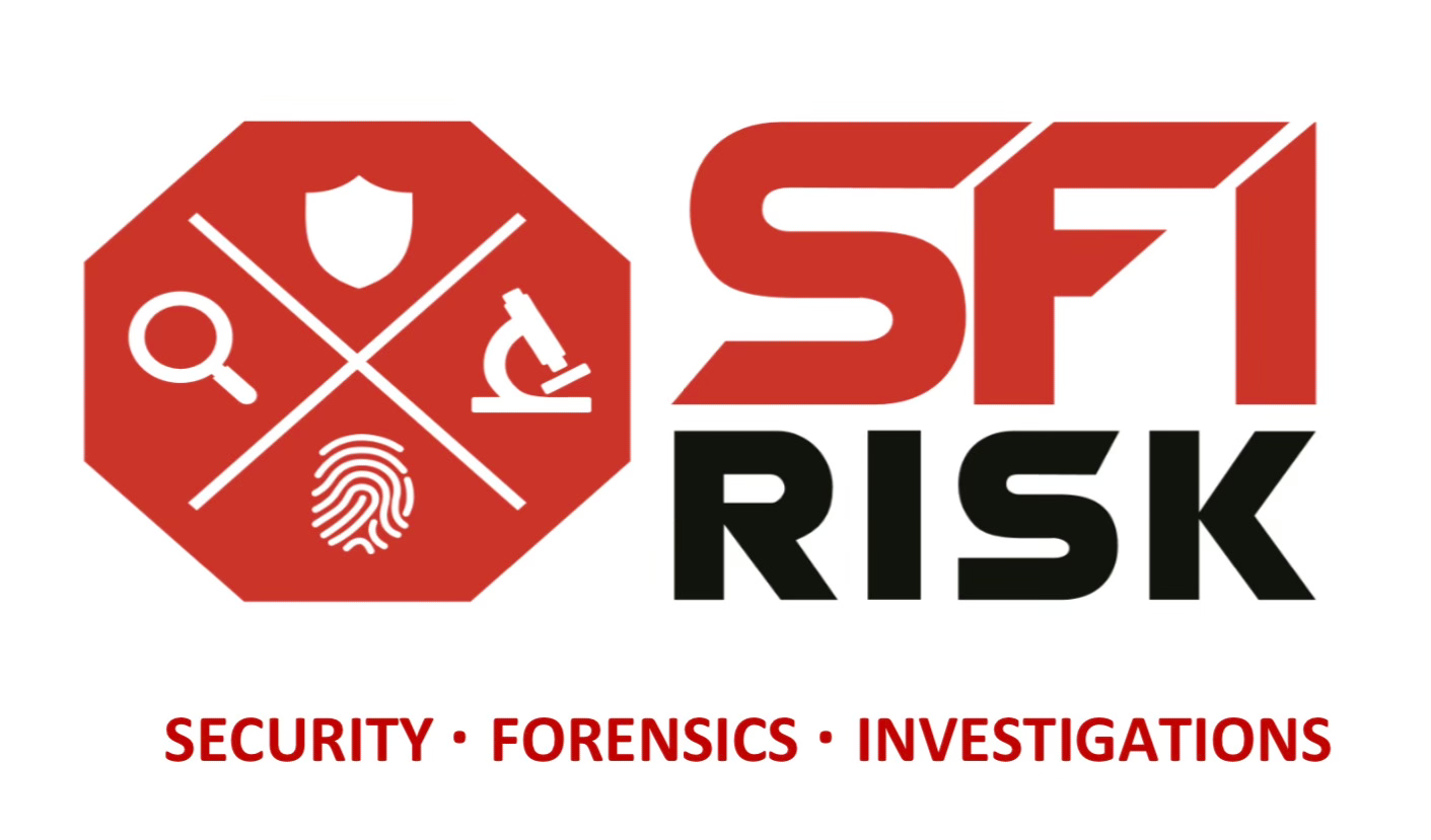 Red and black logo design for SFI Risk security and forensics company.