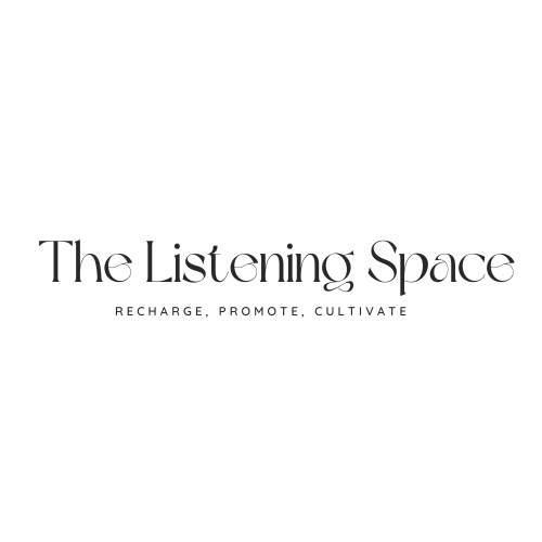 Simple black text logo reading The Listening Space with tagline.