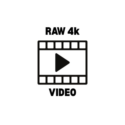 Black and white icon of a film strip with play button showing RAW 4k video format symbol.