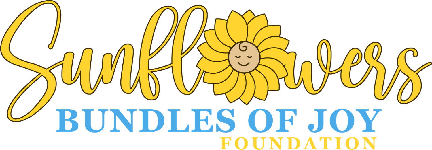 Yellow and blue logo design for Sunflowers Bundles of Joy Foundation with smiling sunflower graphic.