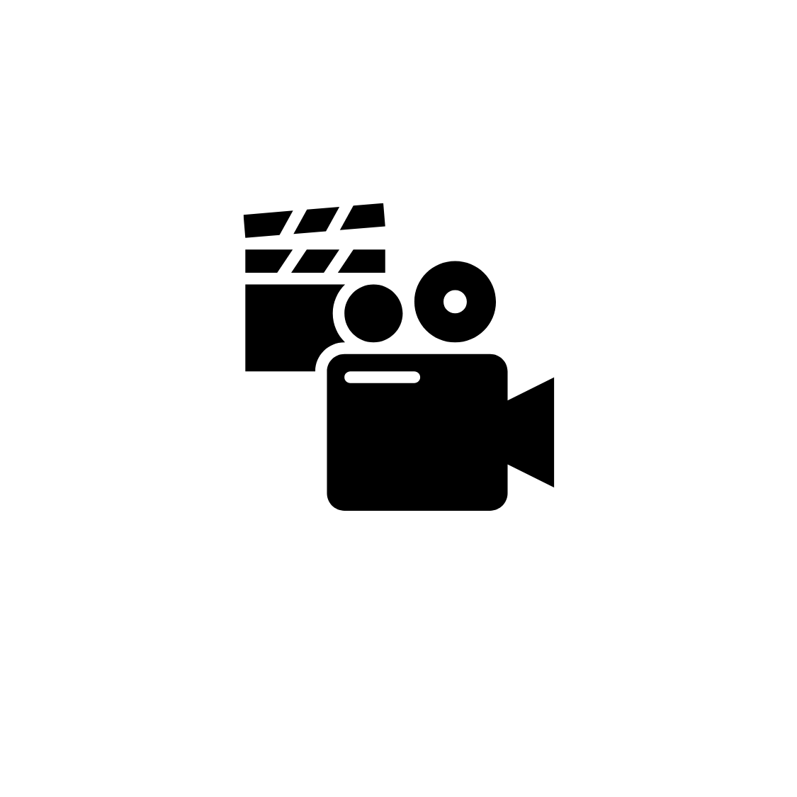 Simple black icon of movie camera with film clapperboard.