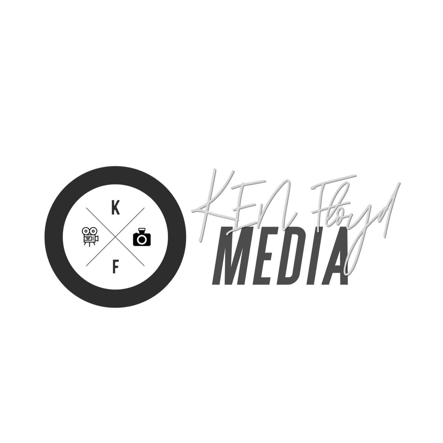 Modern media company logo with circular emblem and KF text in black and white design.