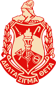 Delta Sigma Theta sorority crest in red featuring classical figure and torch design.