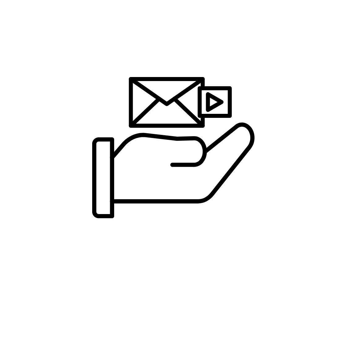 Minimalist line icon of hand holding envelope with video play symbol.
