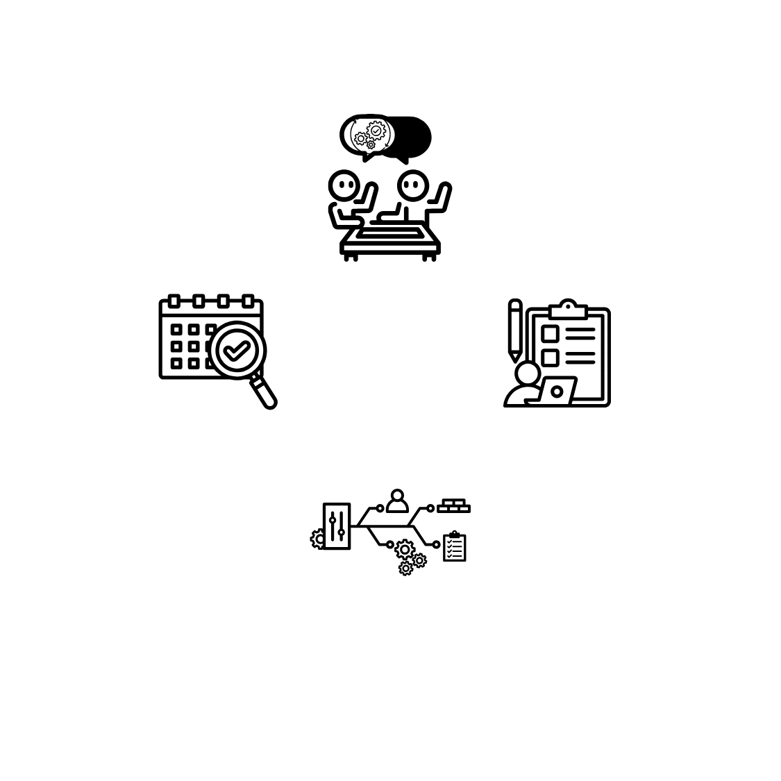 Set of business icons showing calendar, meeting, and workflow symbols in black and white design.