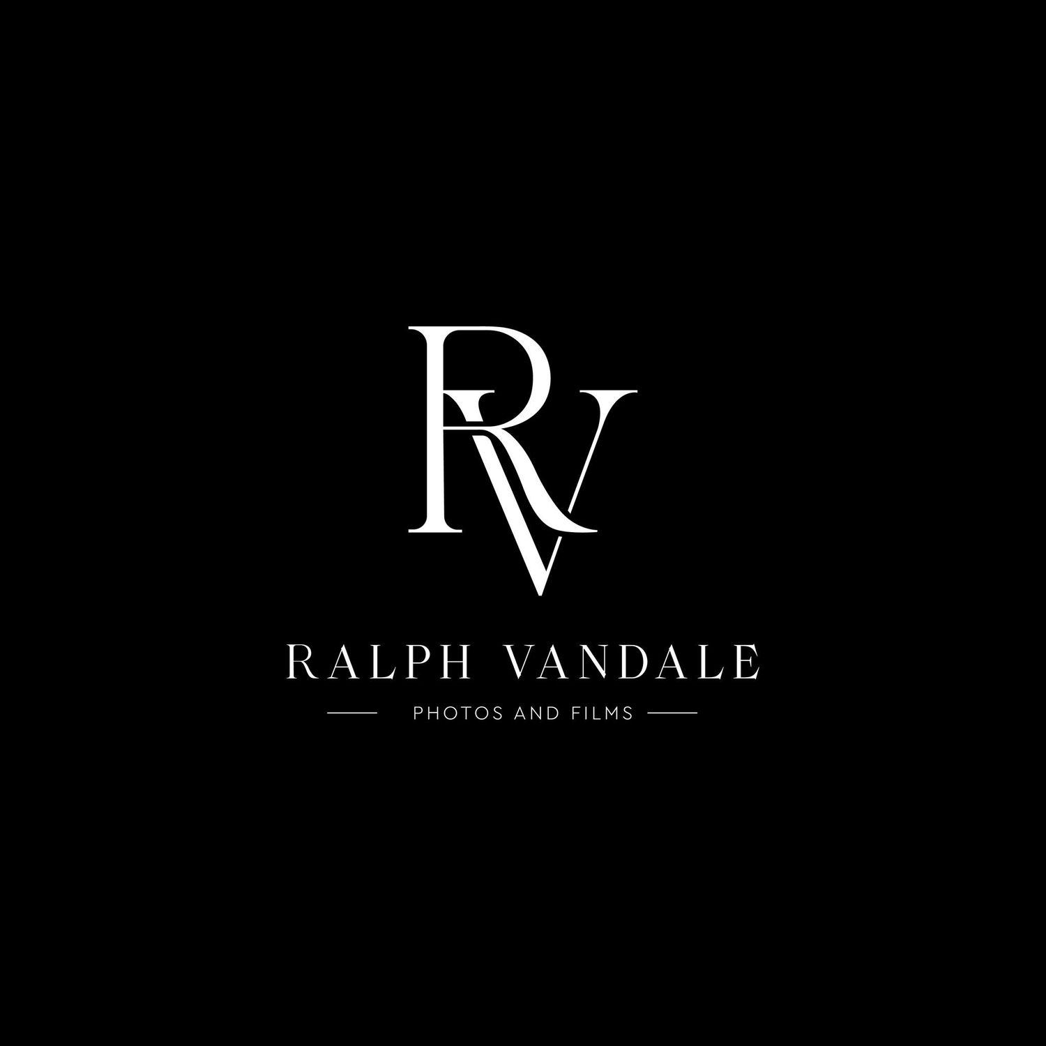Elegant monogram logo design for Ralph Vandale Photos and Films featuring interlocked RV initials in black and white.