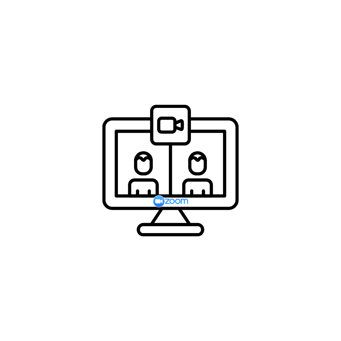Line icon of two people in a video conference on computer monitor screen.