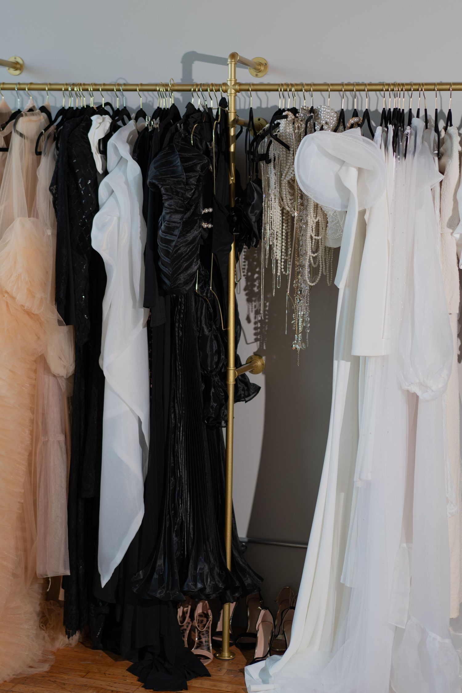 Maternity wardrobe collection in the pregnancy photographer’s Chicago studio.