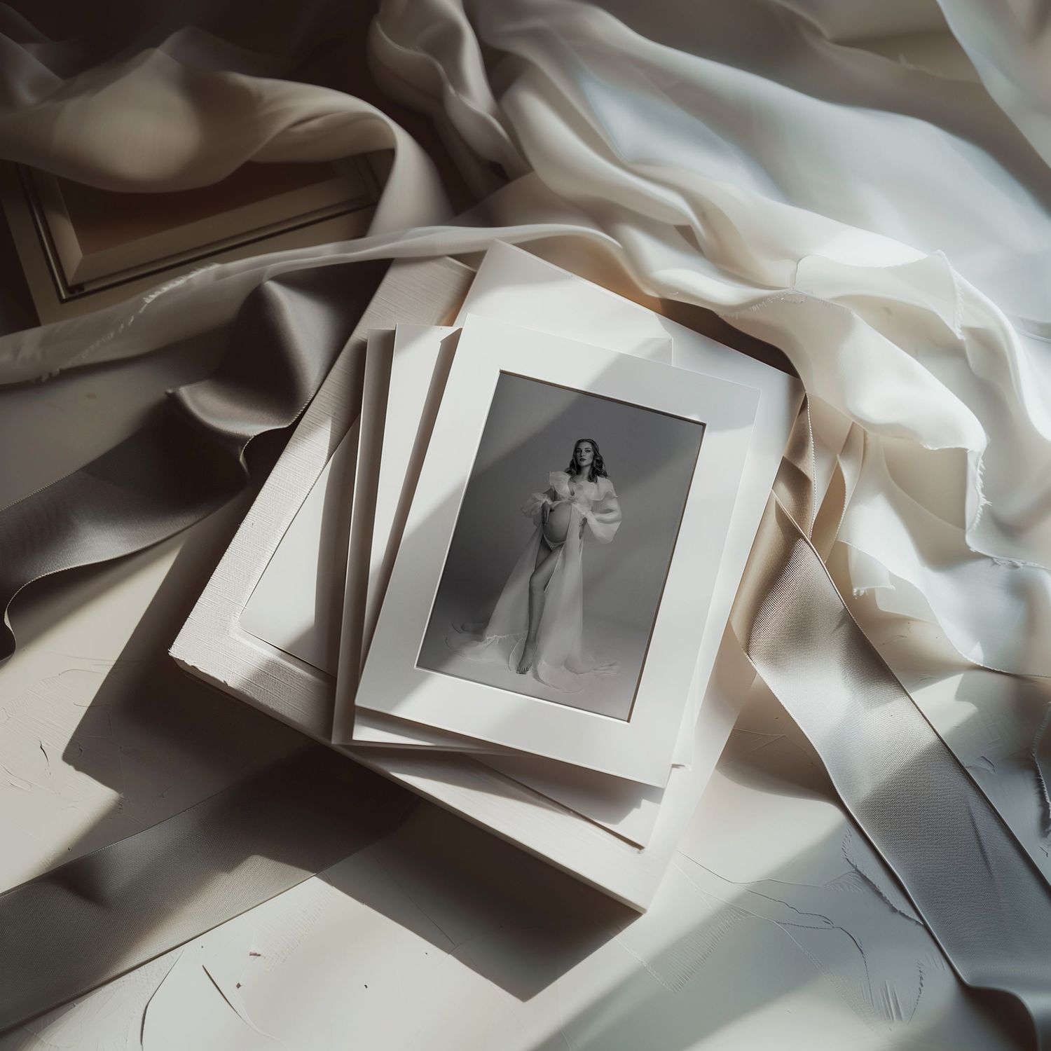 Maternity prints on the elegant silk fabric showcasing the natural beauty of pregnancy.