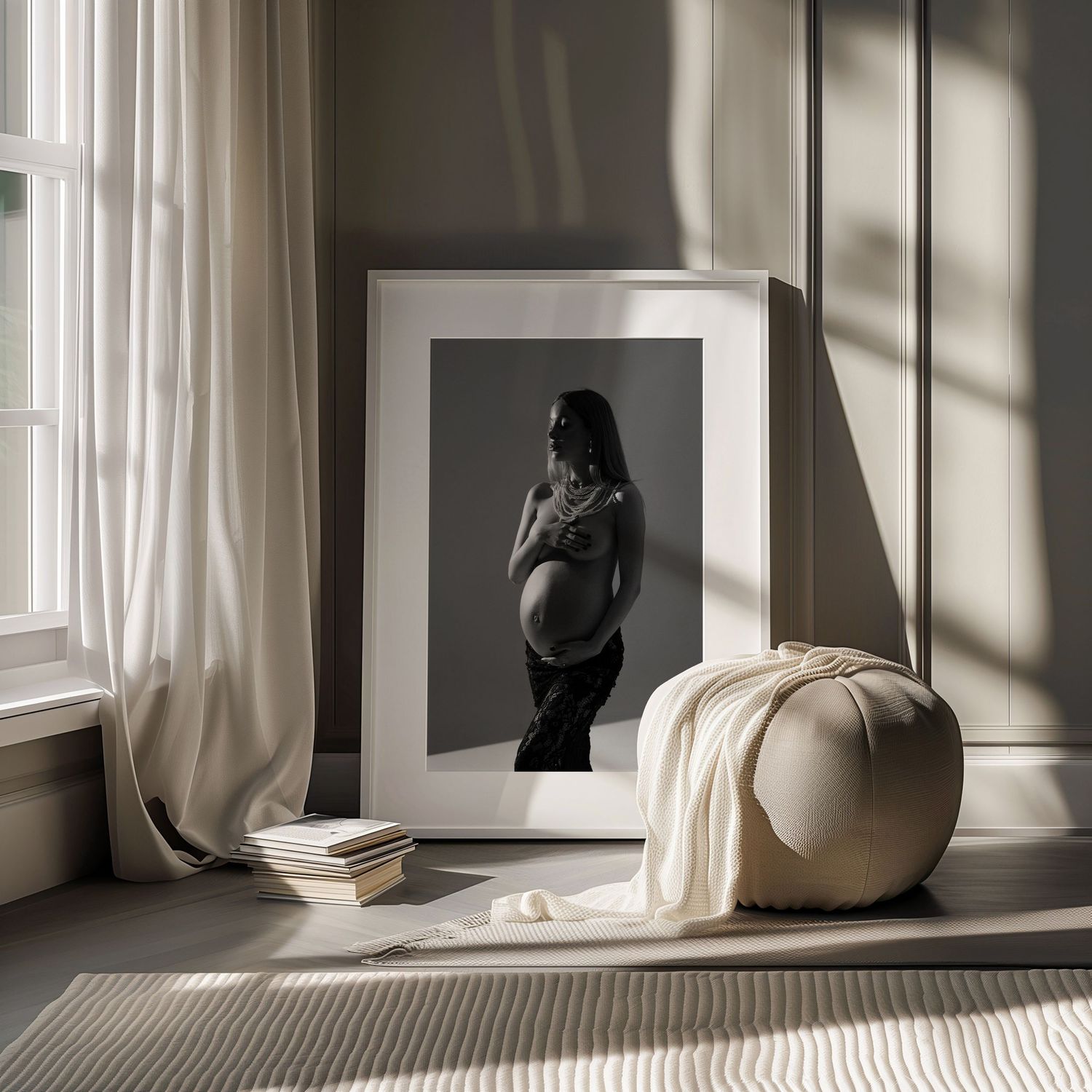 An elegant framed picture of black and white pregnant women placing in interior.