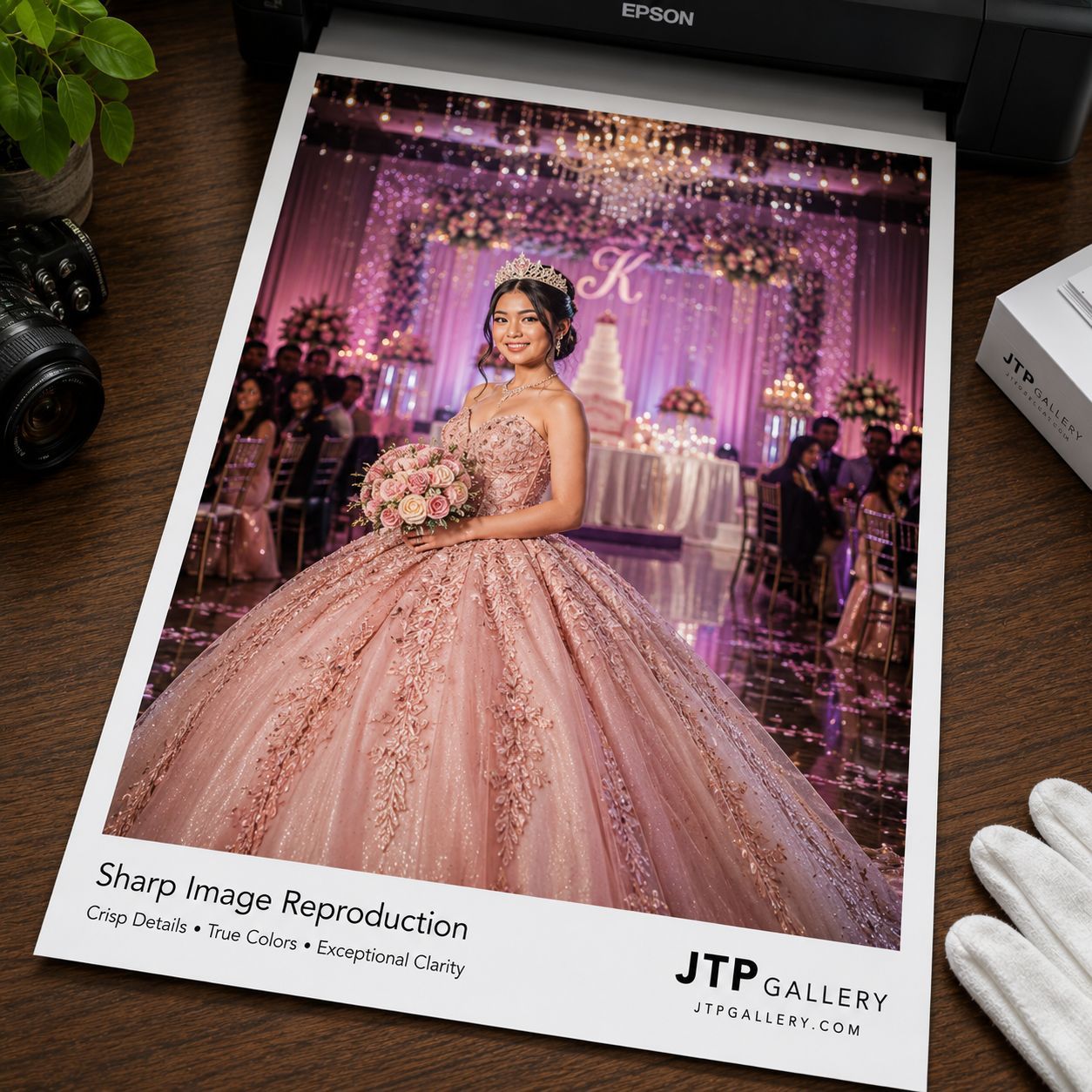 JTP Gallery fine art print of a quinceañera girl in a pink ball gown at an elegant floral-decorated venue.