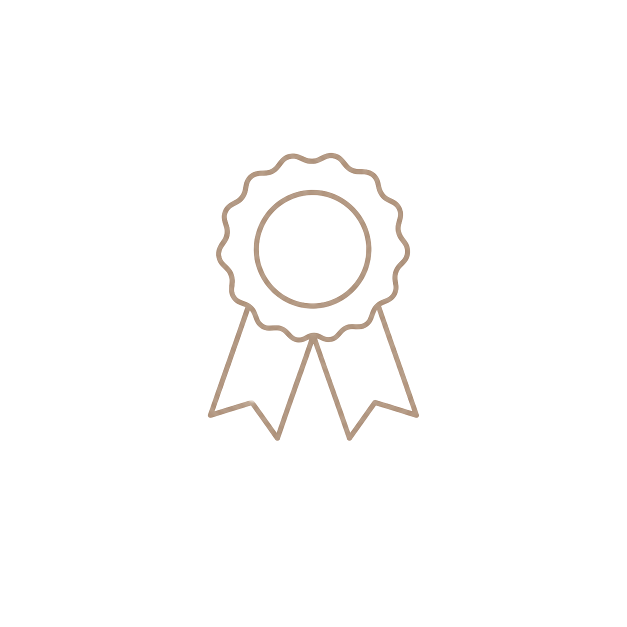 Minimalist outline illustration of an award ribbon badge with decorative edge and two flowing ribbons below.