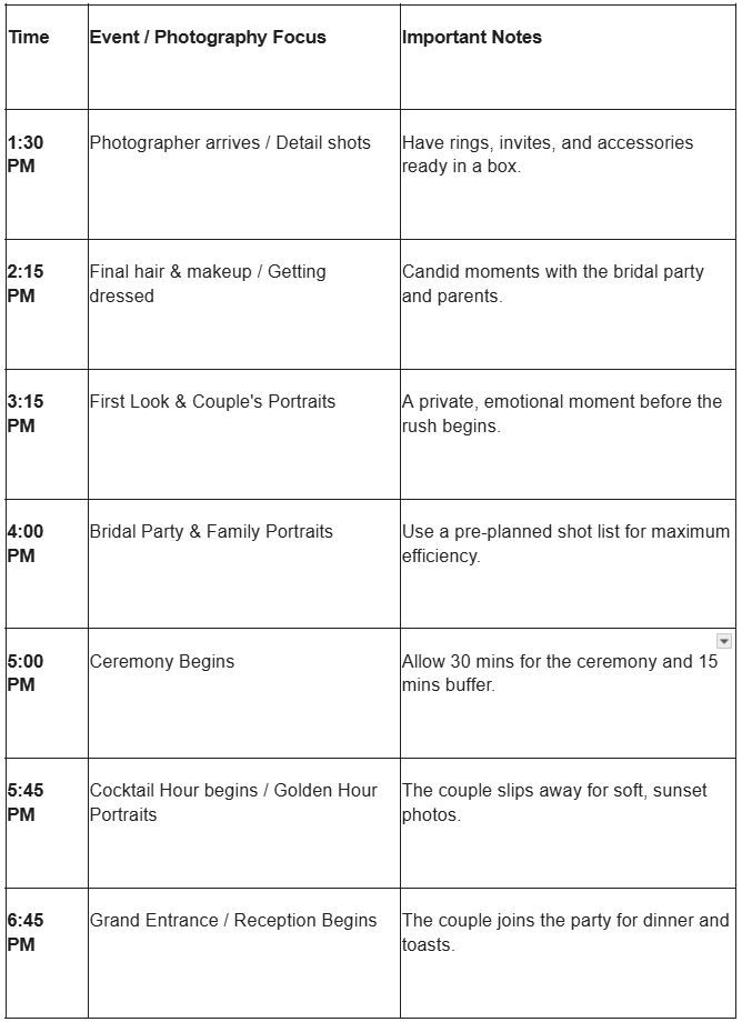 Wedding day photography timeline schedule showing events from 1:30 PM to 6:45 PM with photographer focus and important notes.