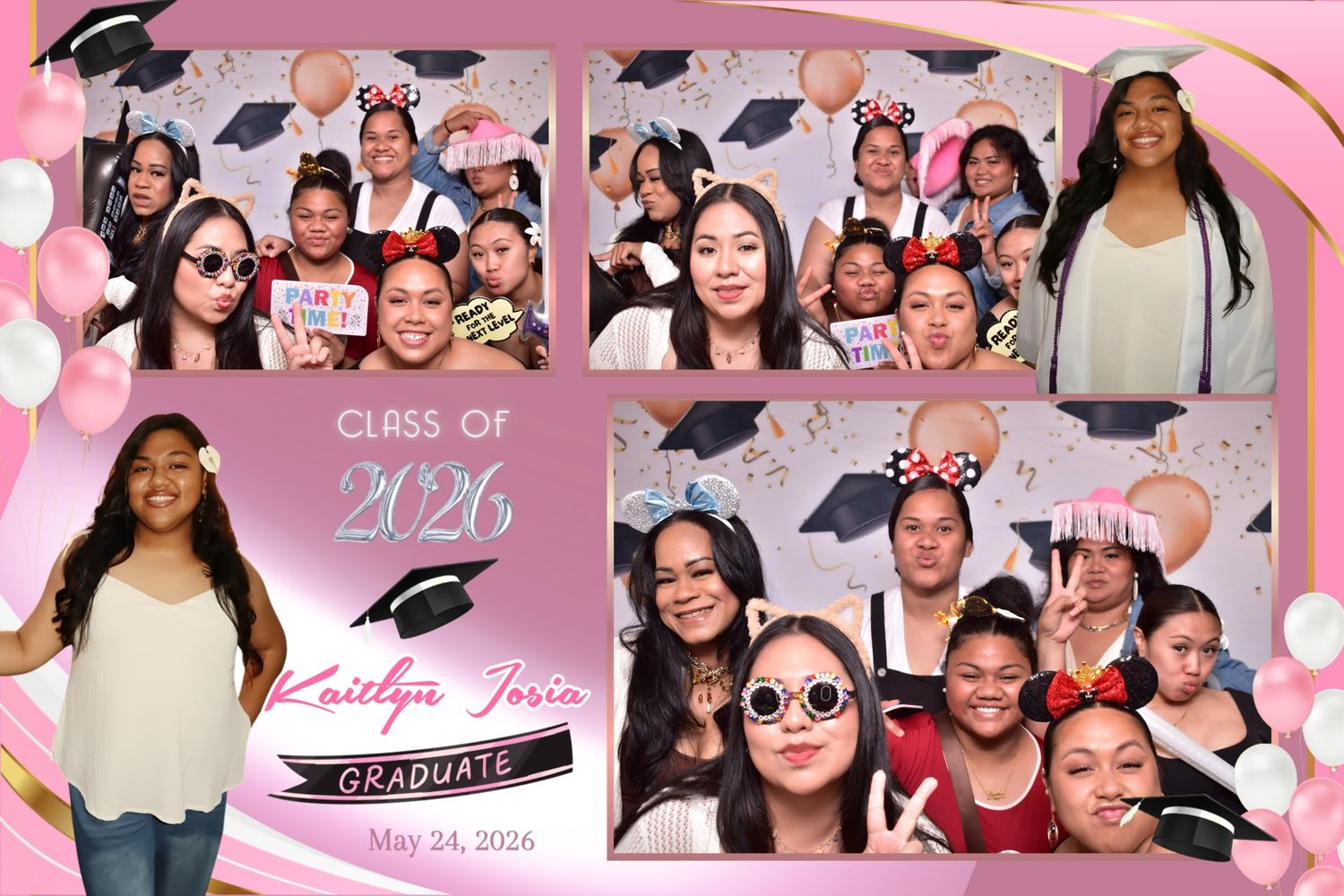 Photo booth collage celebrating Kaitlyn Josia, Class of 2026 graduate, featuring group photos with friends on May 24, 2026.