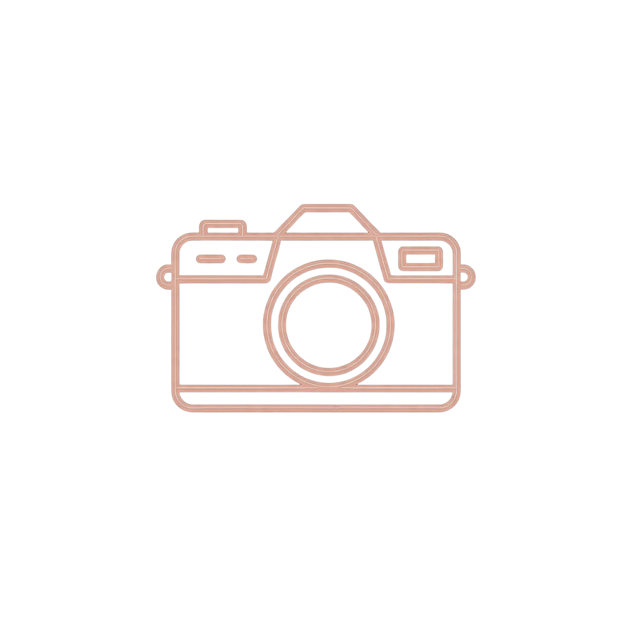 Simple outline icon of a vintage camera in soft rose gold color on white background.