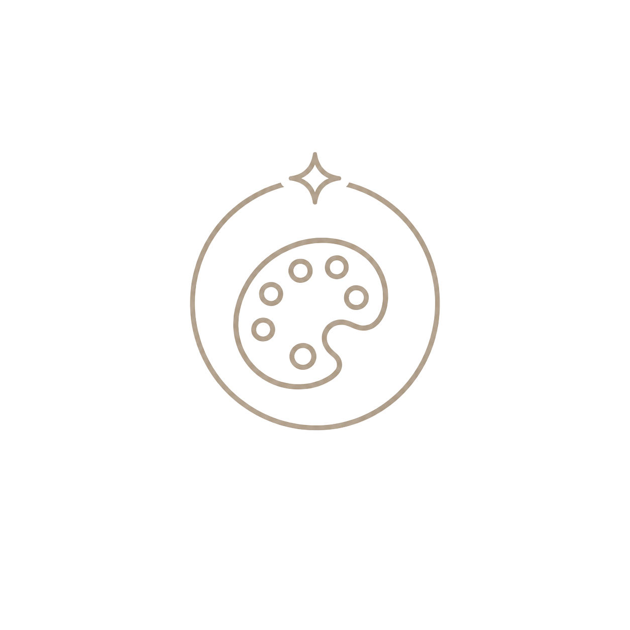 A minimalist line art icon featuring a painter palette inside a circle with a sparkle accent in beige tones.