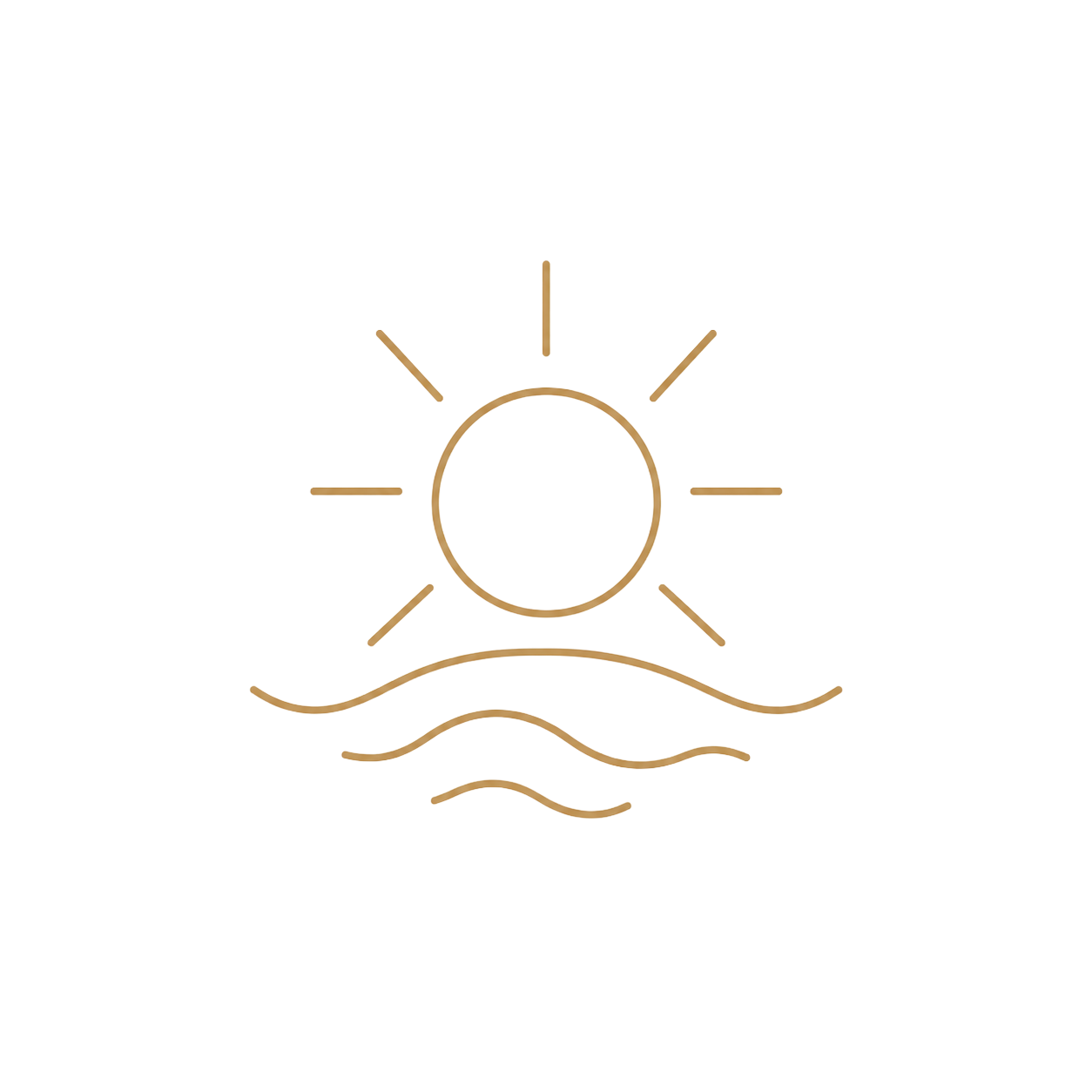 Minimalist golden line art of a sunset over ocean waves, featuring a sun with rays above gentle water ripples.