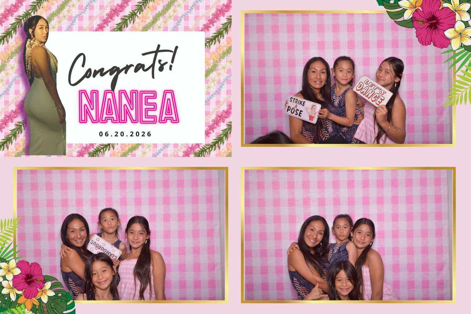 Photo booth strip celebrating Nanea's baby shower on 04.20.2024, featuring groups of women posing with pink gingham backdrop.
