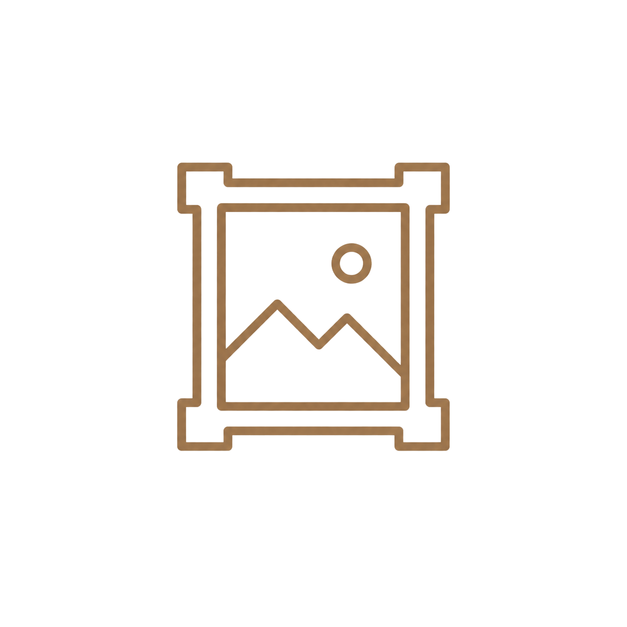 Brown outline icon of a picture frame with landscape image symbol featuring mountains and sun on white background.