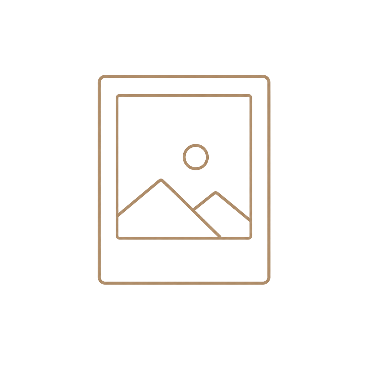 A minimalist line art icon of a photo placeholder with mountain landscape and sun in warm beige tones.