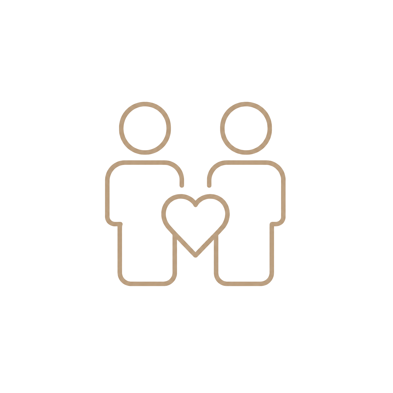 Two outline figures standing together with a heart symbol between them, representing love and partnership icon.