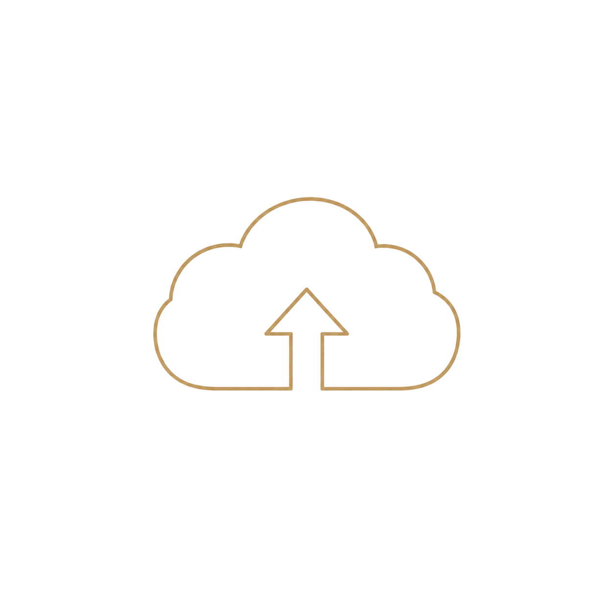 Golden outline icon of a cloud with an upward arrow, symbolizing cloud upload or data backup on white background.
