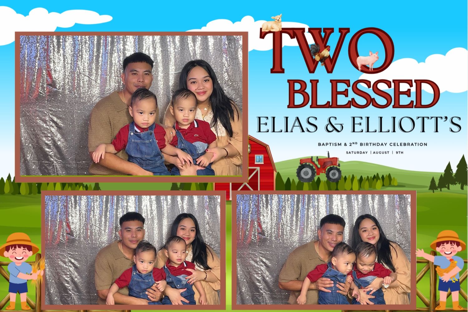 Photo booth strip of a family celebrating Elias and Elliott's baptism and 2nd birthday with a farm-themed backdrop.
