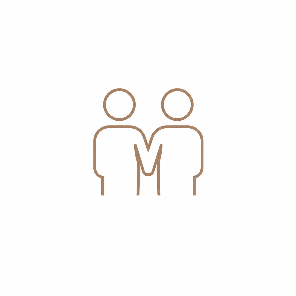 Minimalist line icon of two people standing together, symbolizing partnership or friendship, in warm brown tones.