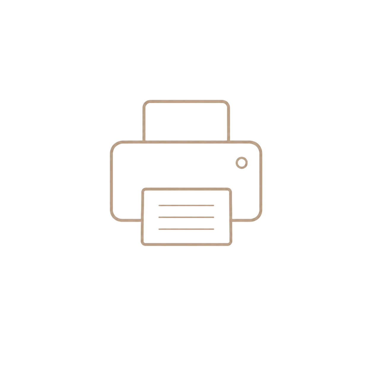 Minimalist line art printer icon with paper output tray, depicted in soft beige tones on white background.