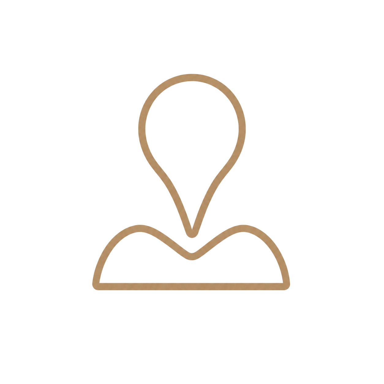 Gold outline icon of a location pin above a person silhouette on white background.