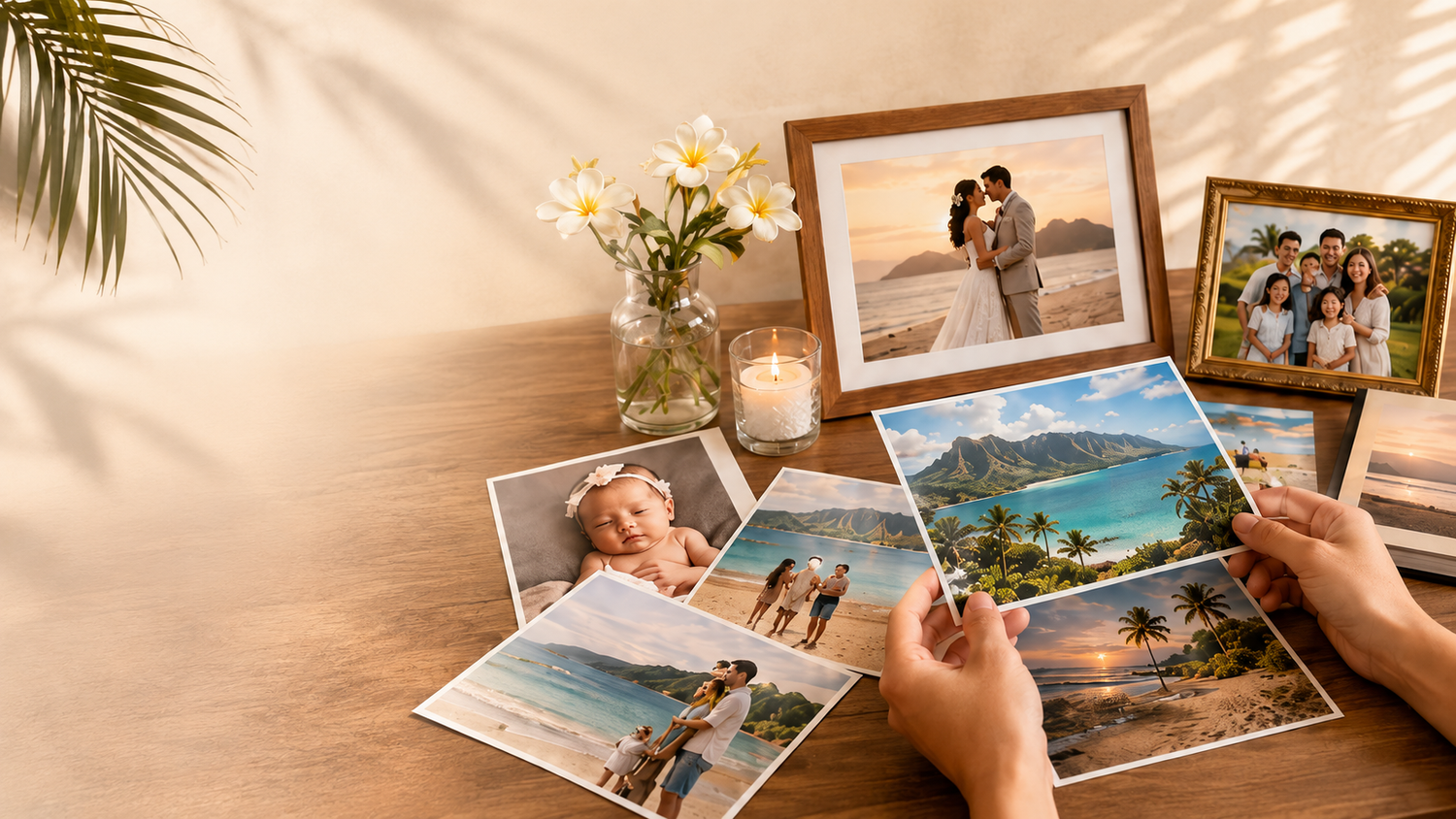 Hands holding vacation photos on a wooden table with framed wedding and family portraits, flowers, and a candle in warm light.